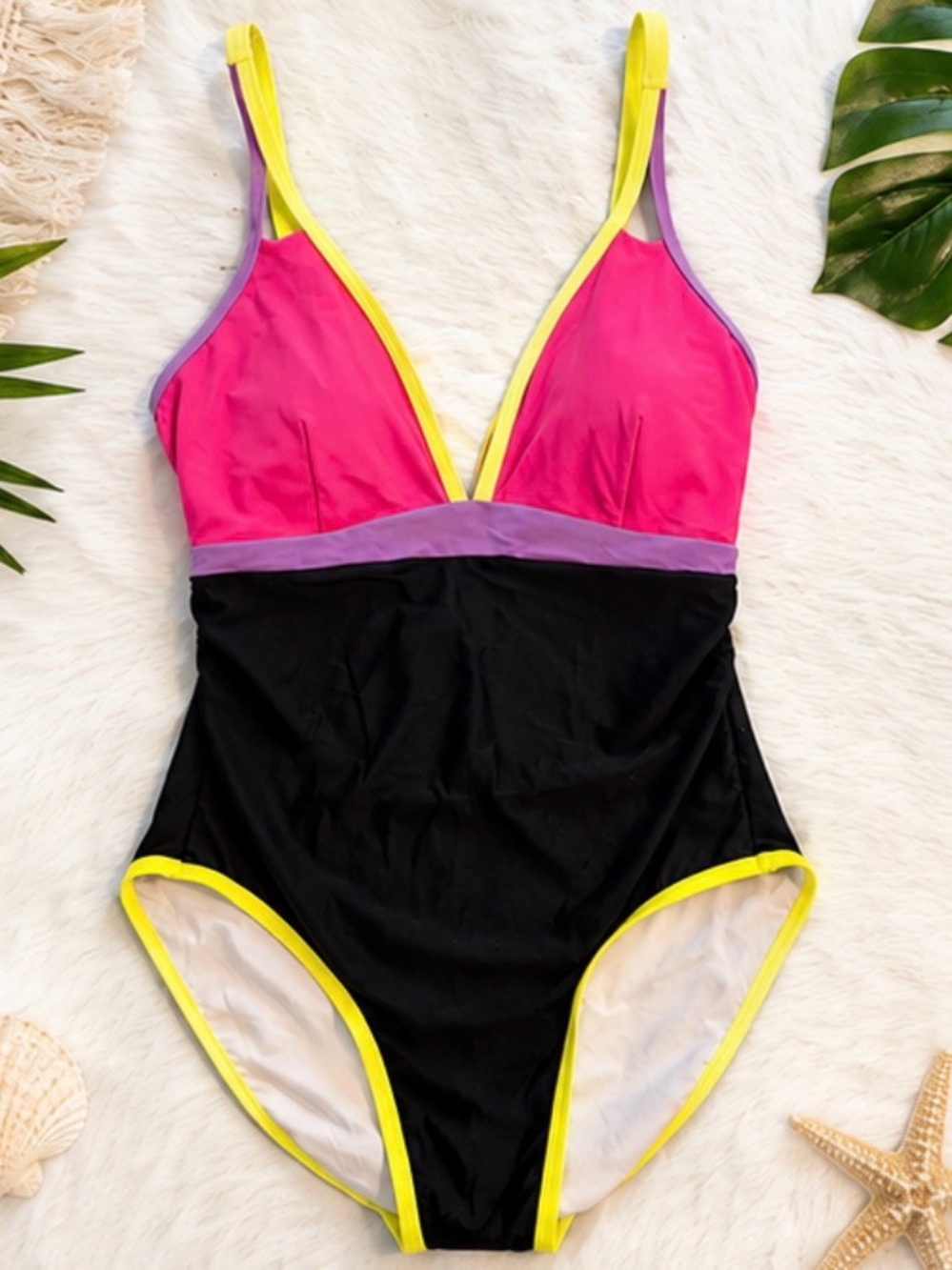 Colorblock One-Piece Swimsuit in Hot Pink, Black & Yellow